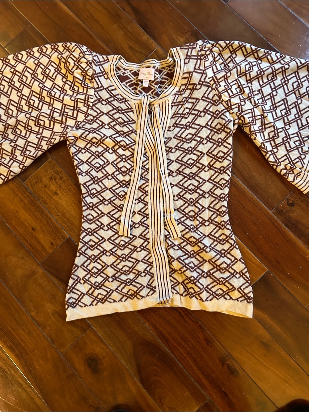 Tracy Reese Cream and Brown Geometric Tie-Neck Sweater